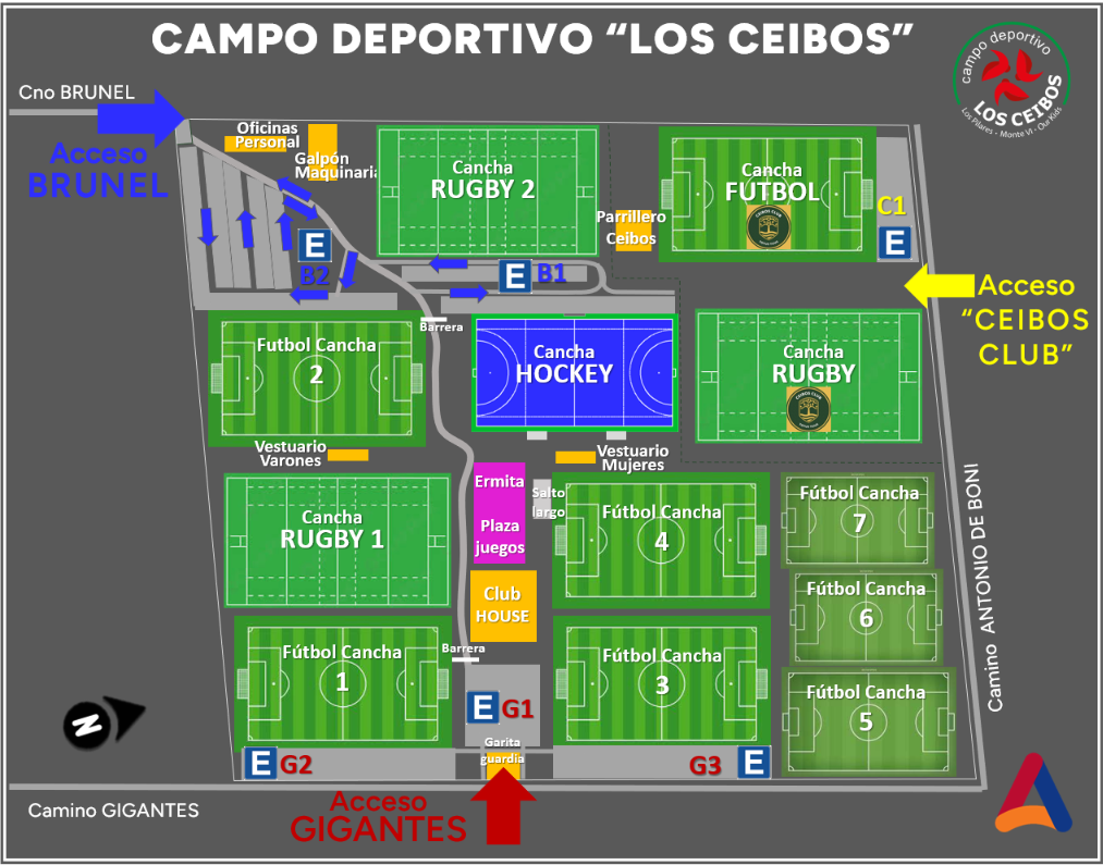 Plano interactivo del Campo Deportivo Los Ceibos con canchas de rugby, hockey y fútbol
